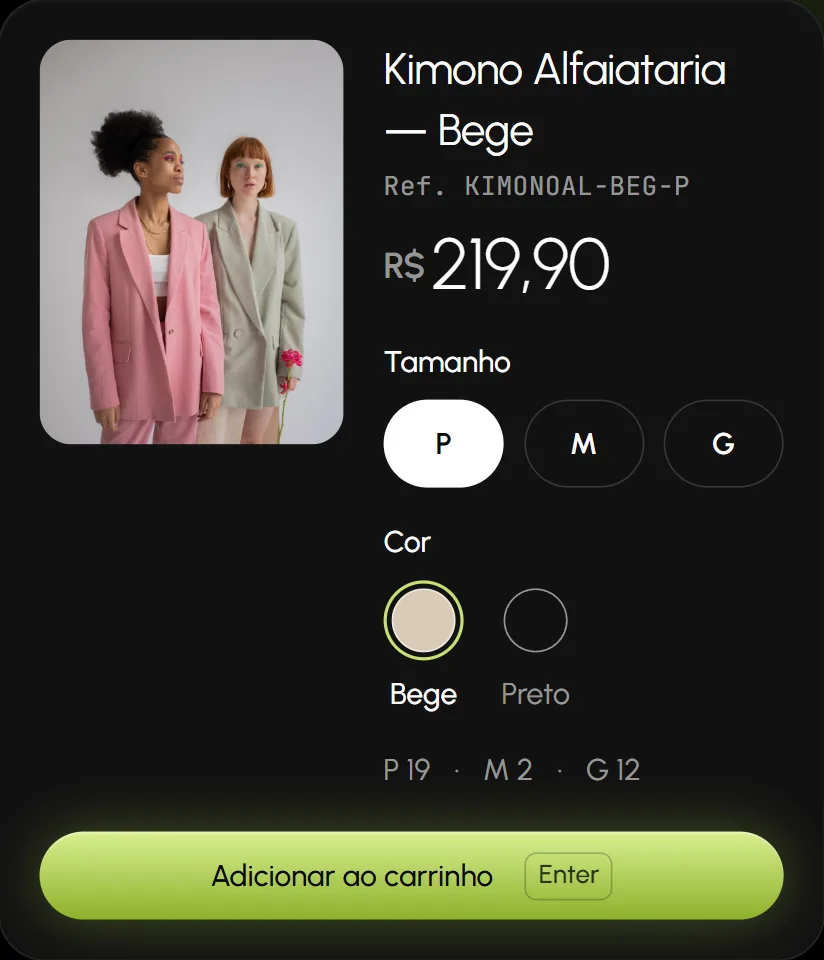 Detalhe do PDV: kimono com preço, botões de tamanho P, M e G, cores e o saldo de cada tamanho.