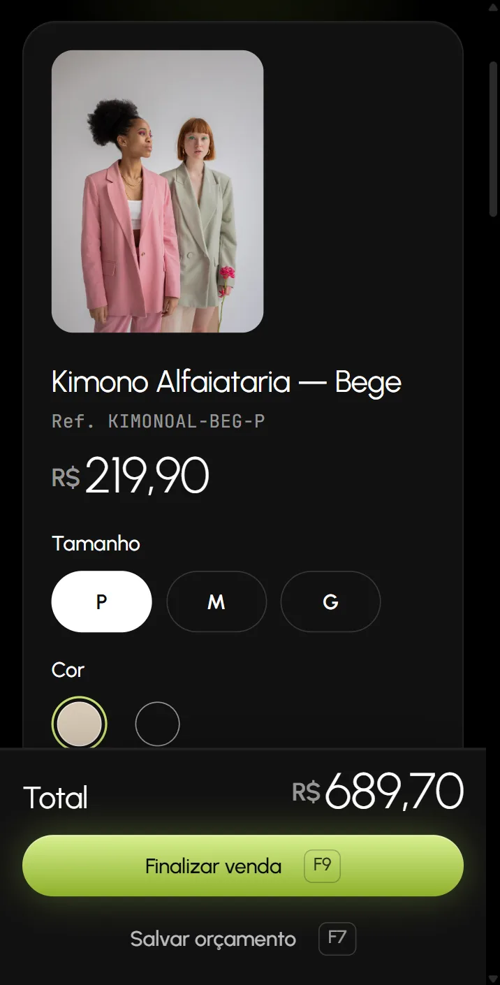 PDV do Vitrini, sistema para loja de roupas, com um kimono em destaque, grade de tamanho e cor com saldo, carrinho e formas de pagamento.